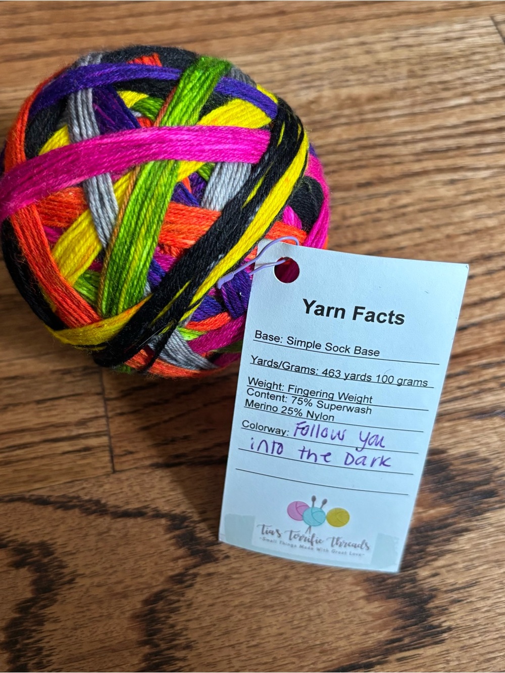 Tia’s Terrific Threads Yarn Self Striping Sock Rainbow Fingering Superwash Wool